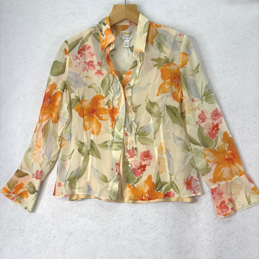 Talbots‎ Yellow Floral Silk Ruffle Sheer Blouse & Cami Set Women 14P Cottagecore